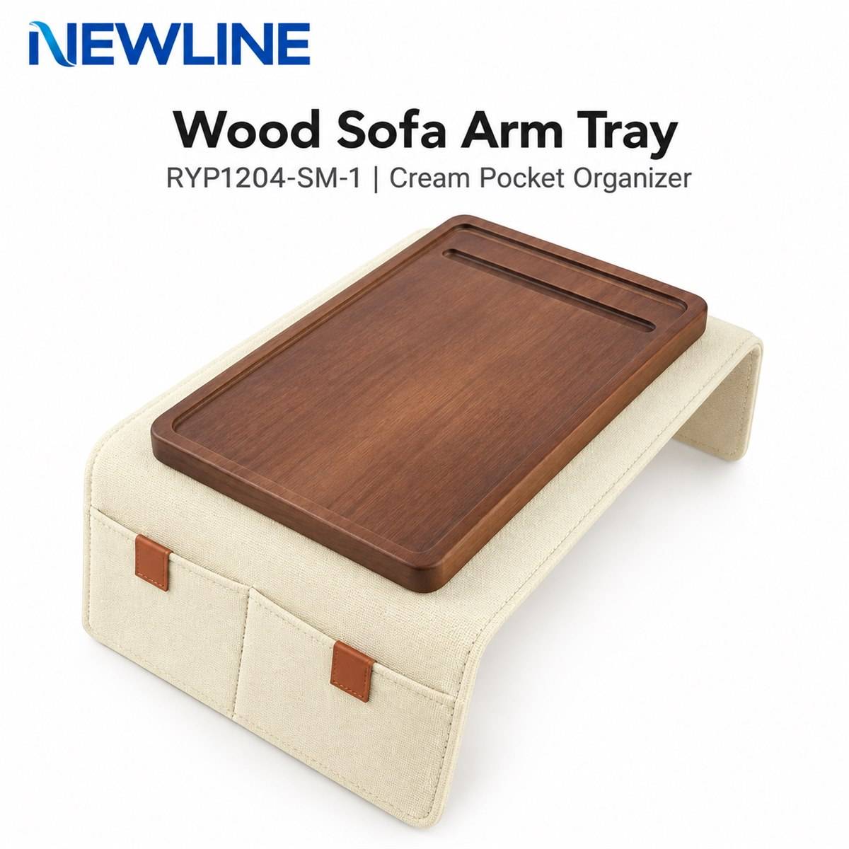 RYP1204-SM-1 Wood Sofa Arm Tray with Cream Pocket Organizer